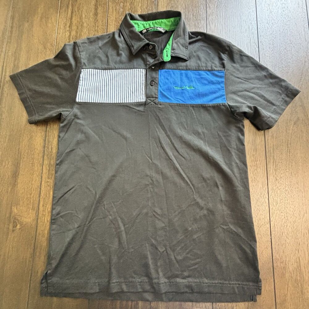 Travis Mathew Polo Shirt Mens M Black Blue Color Block Pima Cotton Blend